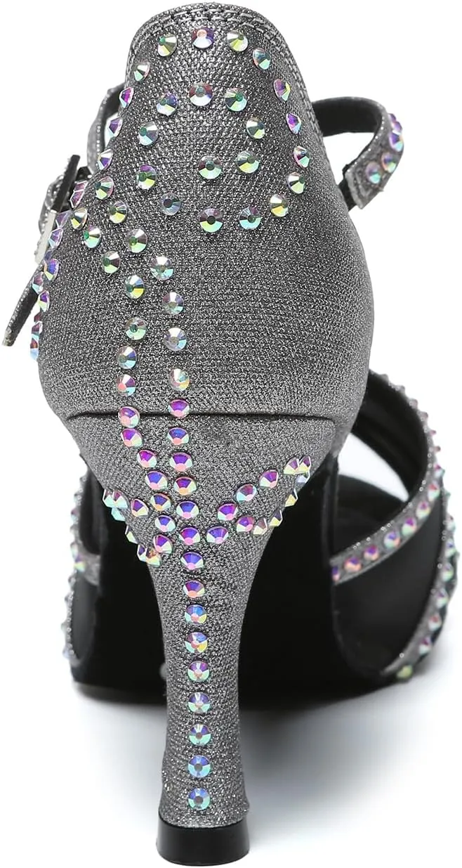 Women's Ballroom Dance Shoes T-Strap Open Toe Rhinestone Latin Salsa Bachata Performance Dancing Shoes, Model YCL641