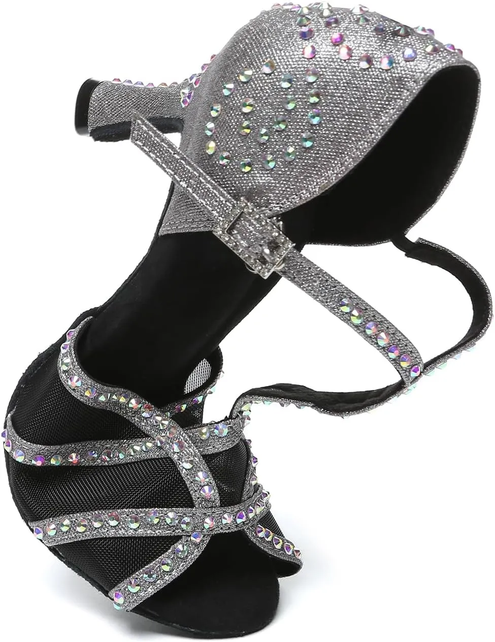 Women's Ballroom Dance Shoes T-Strap Open Toe Rhinestone Latin Salsa Bachata Performance Dancing Shoes, Model YCL641