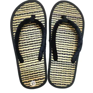 Women's Bamboo Flip Flop,Straw Beach Sandals Handmade,Straw Footwear (6, Black & White)