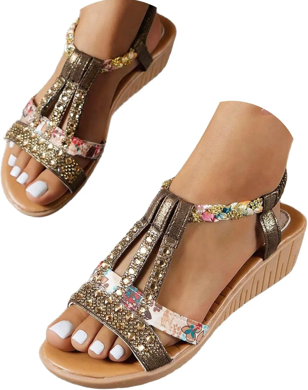 Womens Bohemian Beach Sandals Vintage Rhinestone Dressy Sandals Wedges Heels Orthopedic Sandals Open Toe Summer Shoes