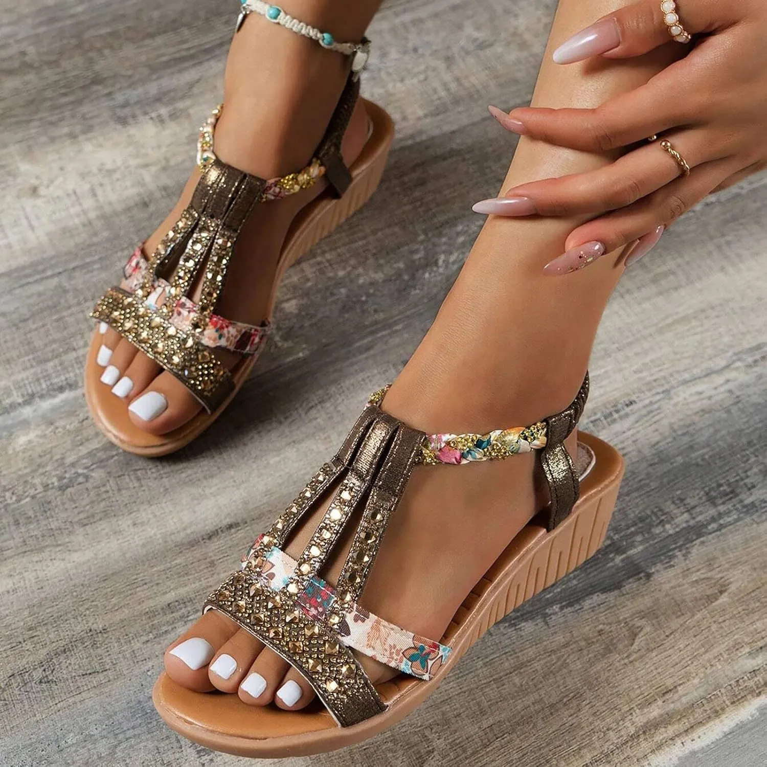 Womens Bohemian Beach Sandals Vintage Rhinestone Dressy Sandals Wedges Heels Orthopedic Sandals Open Toe Summer Shoes