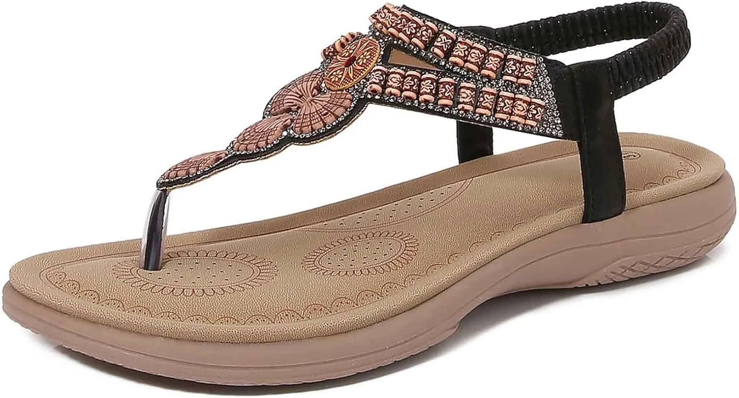 Women's Bohemian Flat Sandals Summer Beach Comfortable Toe Post Elastic Ankle Strap Casual Slippers for Dress and