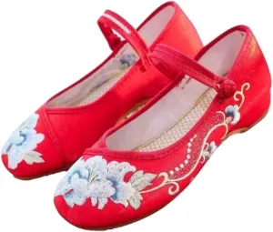 Women's Chinese Traditional Flower Embroidered Flat Shoes Elegant Satin Cheongsam Hanfu Shoes Vintage Mary Jane Shoes Lightweight Comfort Work Walking Shoes