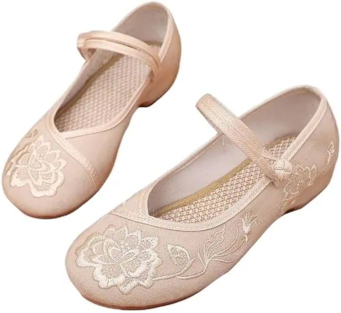 Women's Classic Chinese Style Embroidered Flower Shoes Lightweight Comfort Work Walking Flat Shoes Elegant Cheongsam Hanfu Shoes Casual Mary Jane Shoes(Beige,7.5)