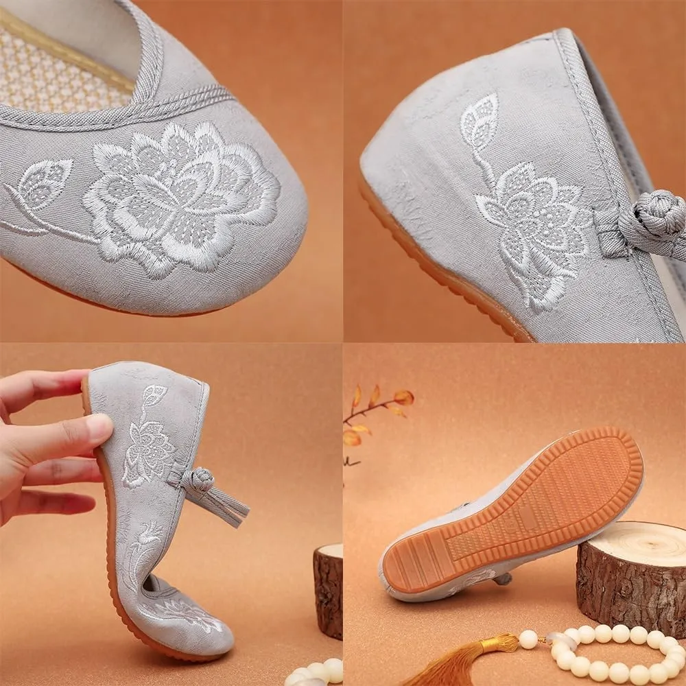 Women's Classic Chinese Style Embroidered Flower Shoes Lightweight Comfort Work Walking Flat Shoes Elegant Cheongsam Hanfu Shoes Casual Mary Jane Shoes(Beige,7.5)