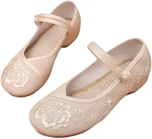 Women's Classic Chinese Style Embroidered Flower Shoes Lightweight Comfort Work Walking Flat Shoes Elegant Cheongsam Hanfu Shoes Casual Mary Jane Shoes(Beige,7.5)