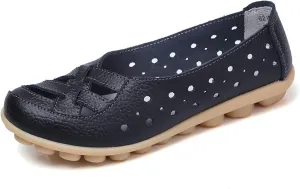Women's Comfortable Leather Loafers Slip On Walking Flats Casual Round Toe Moccasins Wild Nurse Orthopedic in Hollow Sandals Summer Slip-On 2025 Driving Breathable Fashion Soft Shoes