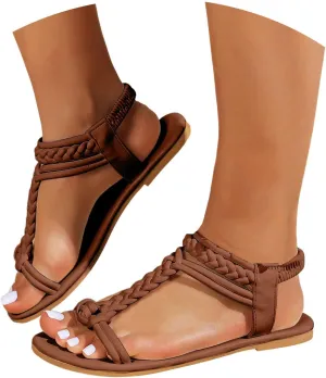 Women's Dressy Flat Sandals Comfortable Slip On Slide 2025 Summer Casual Open Toe Ankle Elastic Strappy Sandals with Arch Support Beach Vacation Walking Fashionable Shoes