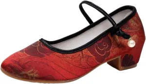 Women's Ethnic Style Embroidered Dance Shoes Classic Chinese Style Mary Jane Shoes Lightweight Comfort Low Heel Work Walking Shoes Elegant Cheongsam Hanfu Shoes(Red,4.5)