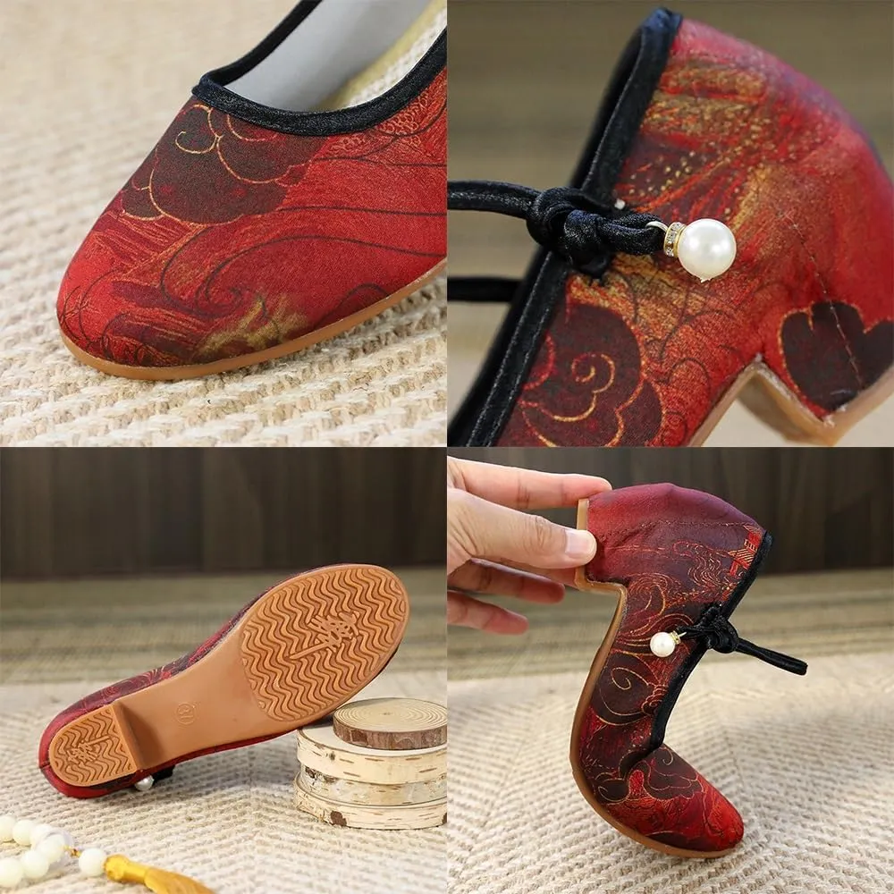 Women's Ethnic Style Embroidered Dance Shoes Classic Chinese Style Mary Jane Shoes Lightweight Comfort Low Heel Work Walking Shoes Elegant Cheongsam Hanfu Shoes(Red,4.5)