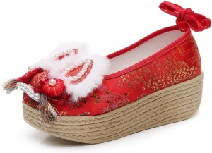 Women's Ethnic Style Fashion Platform Wedge Embroidered Shoes Elegant Chinese Style Cheongsam Hanfu Shoes Stage Performance Oriental Shoes Cosplay Footwear(Red,5)