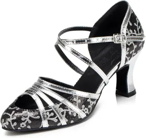 Women's Fashion Ballroom Party Glitter Latin Dance Shoes, Closed Toe Modern Tango Ballroom Dance Shoes, for Wedding Evening Party (Color : Silver 8cm, Size : 7.5)