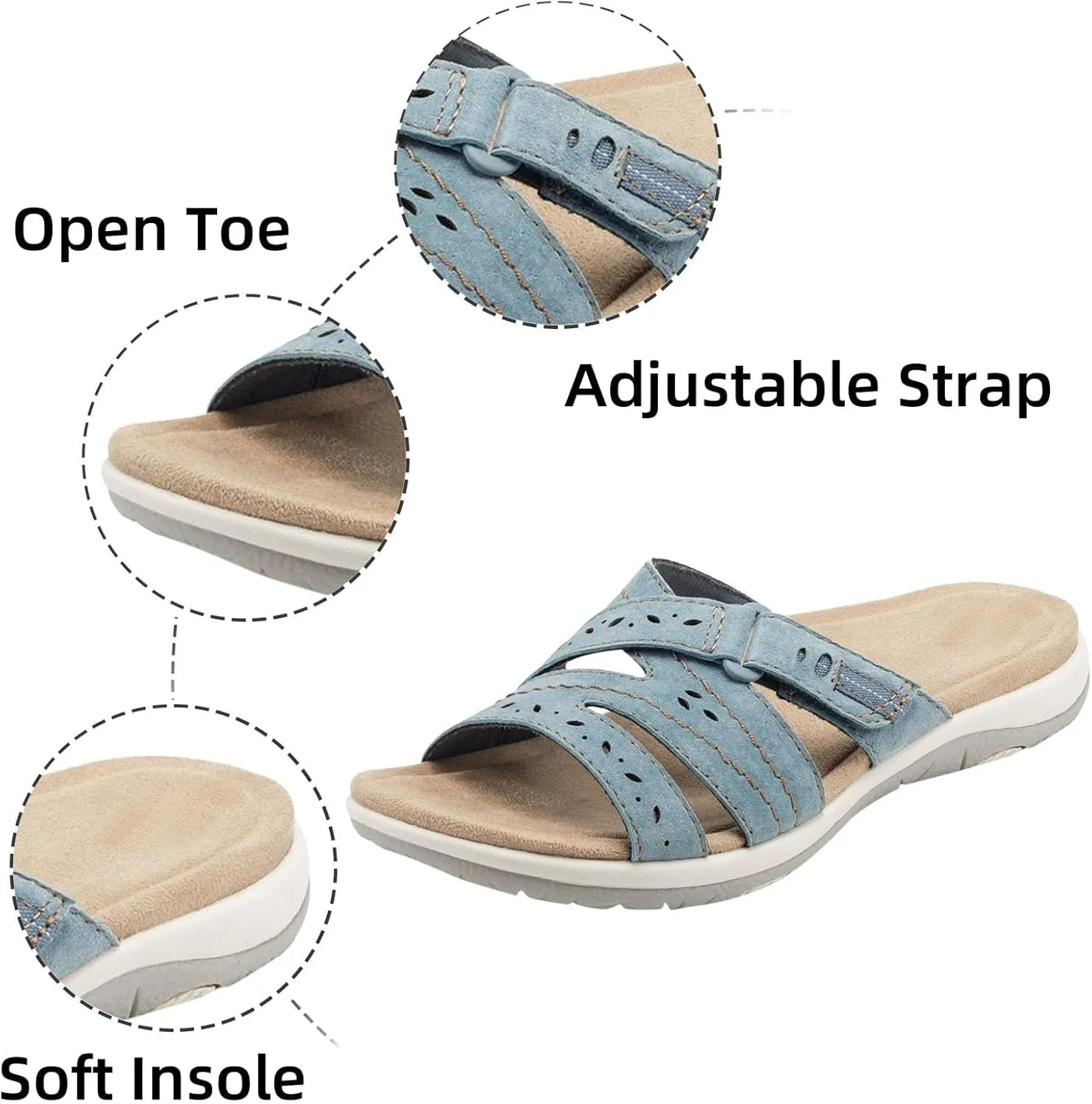 Womens Flat Sandals Summer Arch Support Orthopedic Sandals,Sandalias Ortopdicas Para Mujer,Adjustable Straps Slides for Women,Soft Cushion Slippers Straps Breathable Slip on Walking Slides