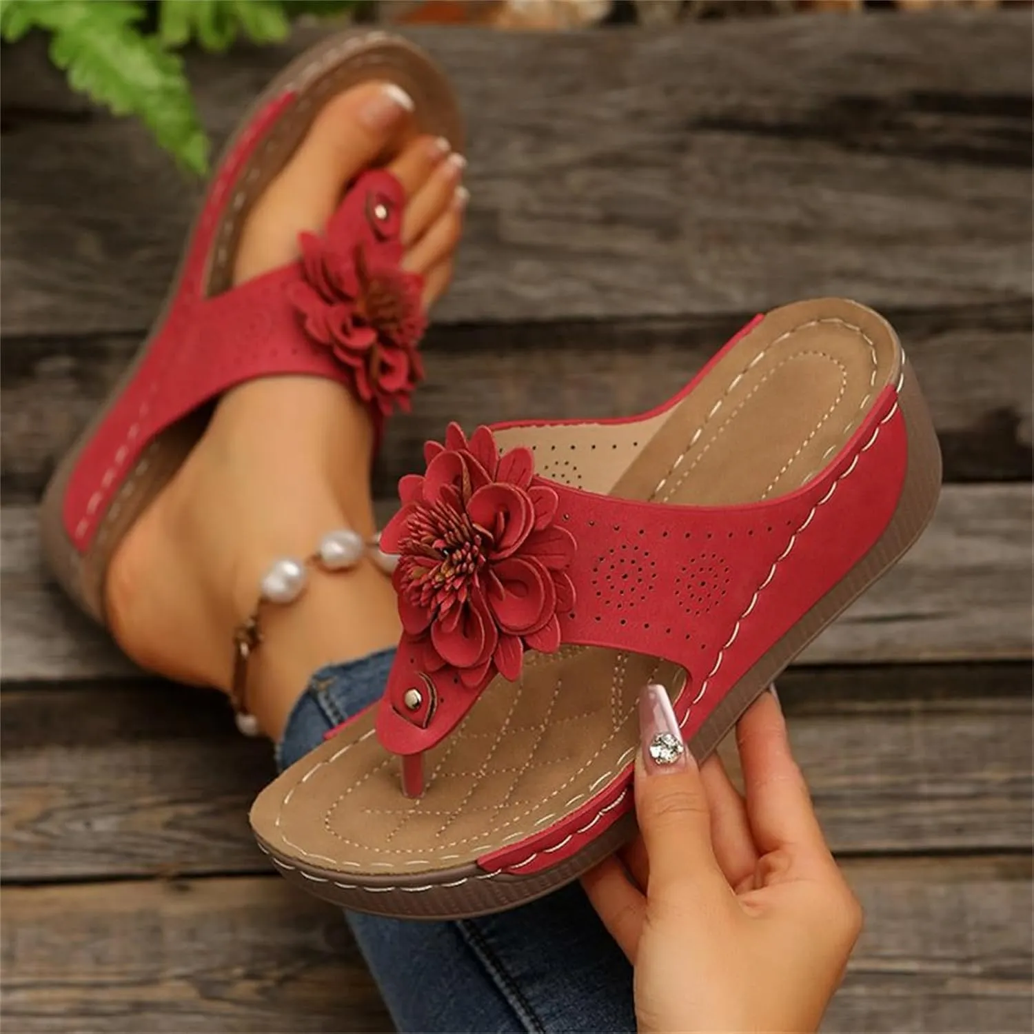 Womens Flip Flops 2025 Boho Open Toe Orthopedic Sandals Flowers Arch Support Wide Width Platform Wedge Sandals Comfortable Slipper