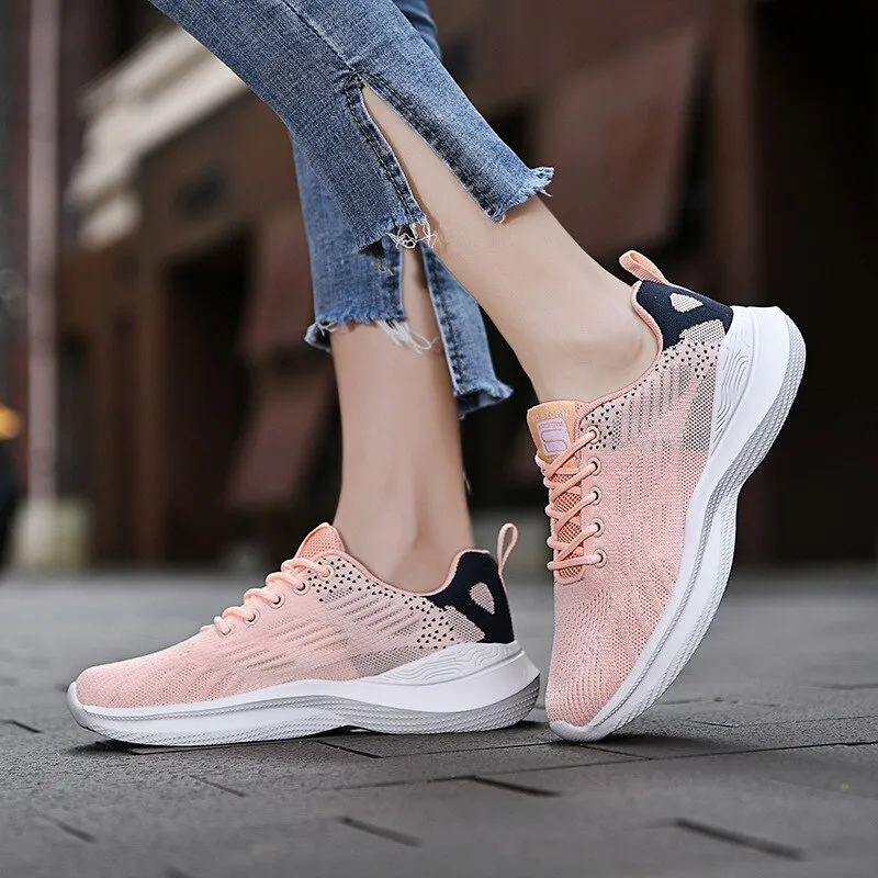 Women's Knitted Sneakers Low Heels Women Vulcanized Shoes Lace Up Mesh Breathable Spring Autumn Female Running Shoe Casual