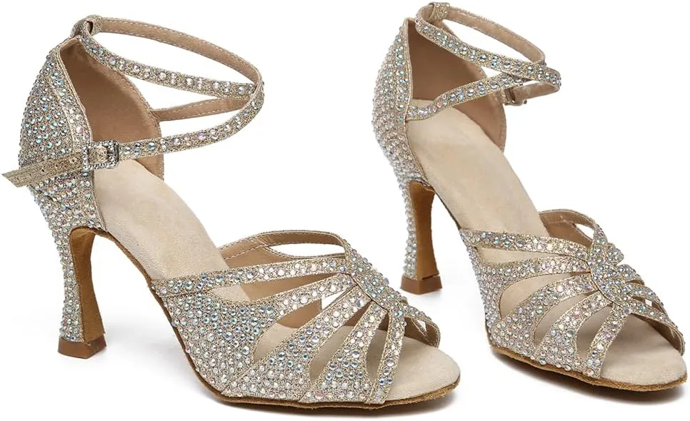 Women's Latin Dance Shoes Open Toe Ankle Strap Salsa Ballroom Bachata Dancing Shoes