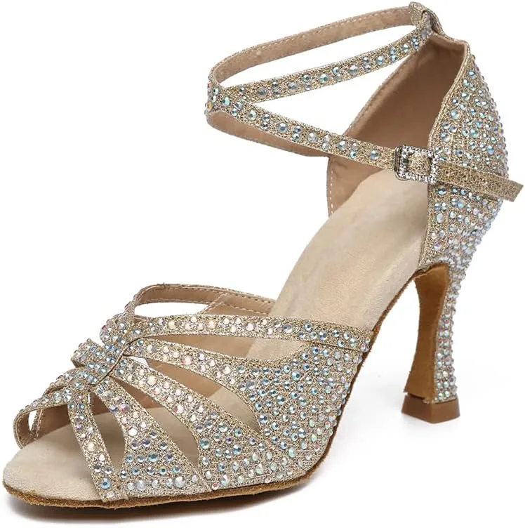 Women's Latin Dance Shoes Open Toe Ankle Strap Salsa Ballroom Bachata Dancing Shoes
