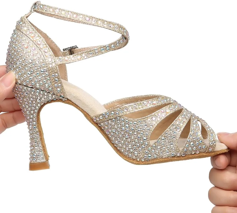 Women's Latin Dance Shoes Open Toe Ankle Strap Salsa Ballroom Bachata Dancing Shoes