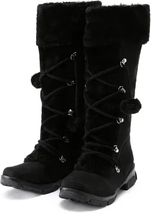 Women's Mid-Calf Winter Snow Boots,Faux Fur Waterproof Knee High Booties Ladies Comfortable Long Tall Boots Anti-Slip Outdoor Shoes Suede Round Toe Chunky Heel Side Zipper Dressy Booties