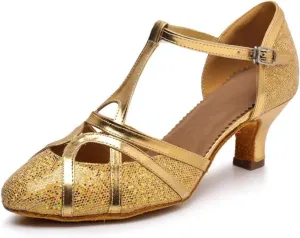 Women's Modern Heels Shoes Salsa Tango Ballroom Latin Party Dance Shoes Sequin Hollow Wedding High Heel(Gold5.5cm,38)