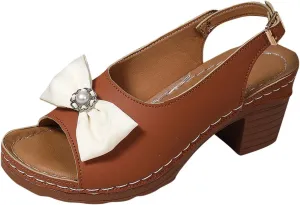 Womens Peep Toe Heels Chunky Heel Sandals Open Toe Bowknot Dress Shoes Trendy Comfy Ankle Buckles Wedding Party Sandal