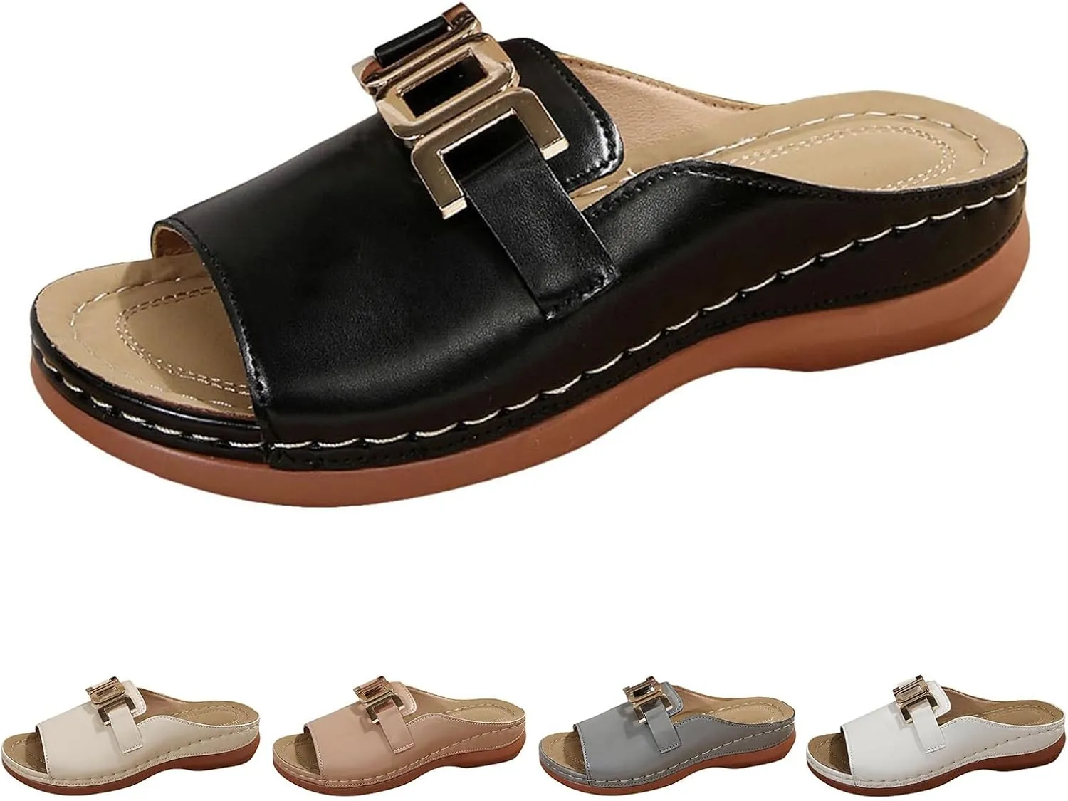 Womens Platform Sandals Comfortable Arch Support Slip On Wedge Slides Soft Leather Slippers With Metal Chain Orthotic Summer Beach Sandals for Women Summer