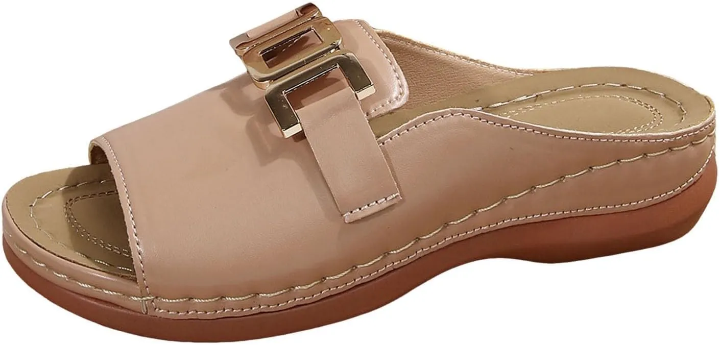 Womens Platform Sandals Comfortable Arch Support Slip On Wedge Slides Soft Leather Slippers With Metal Chain Orthotic Summer Beach Sandals for Women Summer