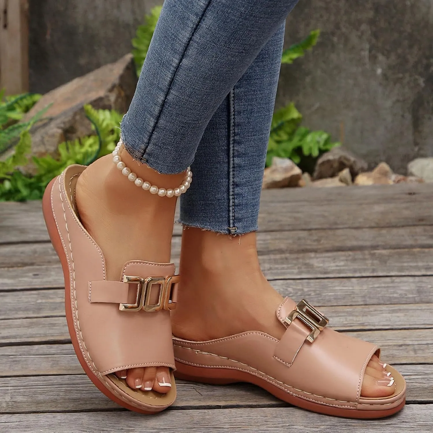 Womens Platform Sandals Comfortable Arch Support Slip On Wedge Slides Soft Leather Slippers With Metal Chain Orthotic Summer Beach Sandals for Women Summer
