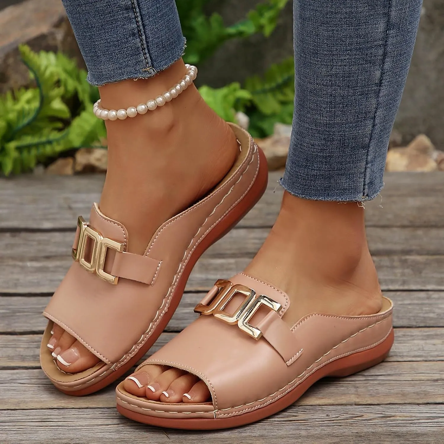 Womens Platform Sandals Comfortable Arch Support Slip On Wedge Slides Soft Leather Slippers With Metal Chain Orthotic Summer Beach Sandals for Women Summer