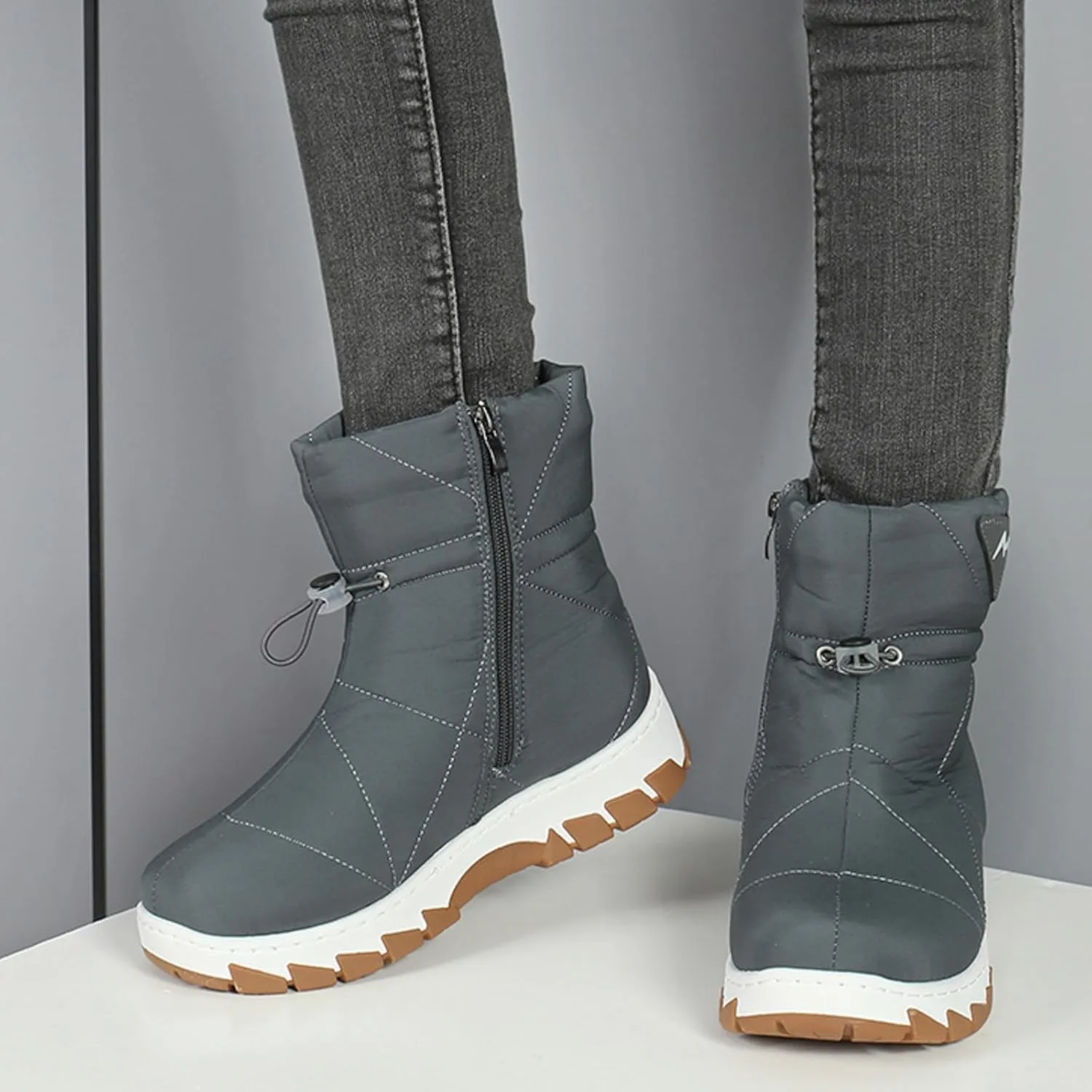 Womens Platform Snow Boots Memory Foam Side Zipper Pull On Nylon Waterproof Thick Faux Fur Lined Winter Rain Snow Boots Lightweight Warm Fashion Mid Calf Boot with Adjustable Drawstring