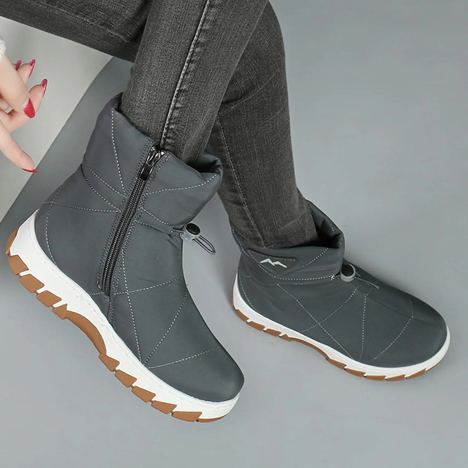 Womens Platform Snow Boots Memory Foam Side Zipper Pull On Nylon Waterproof Thick Faux Fur Lined Winter Rain Snow Boots Lightweight Warm Fashion Mid Calf Boot with Adjustable Drawstring