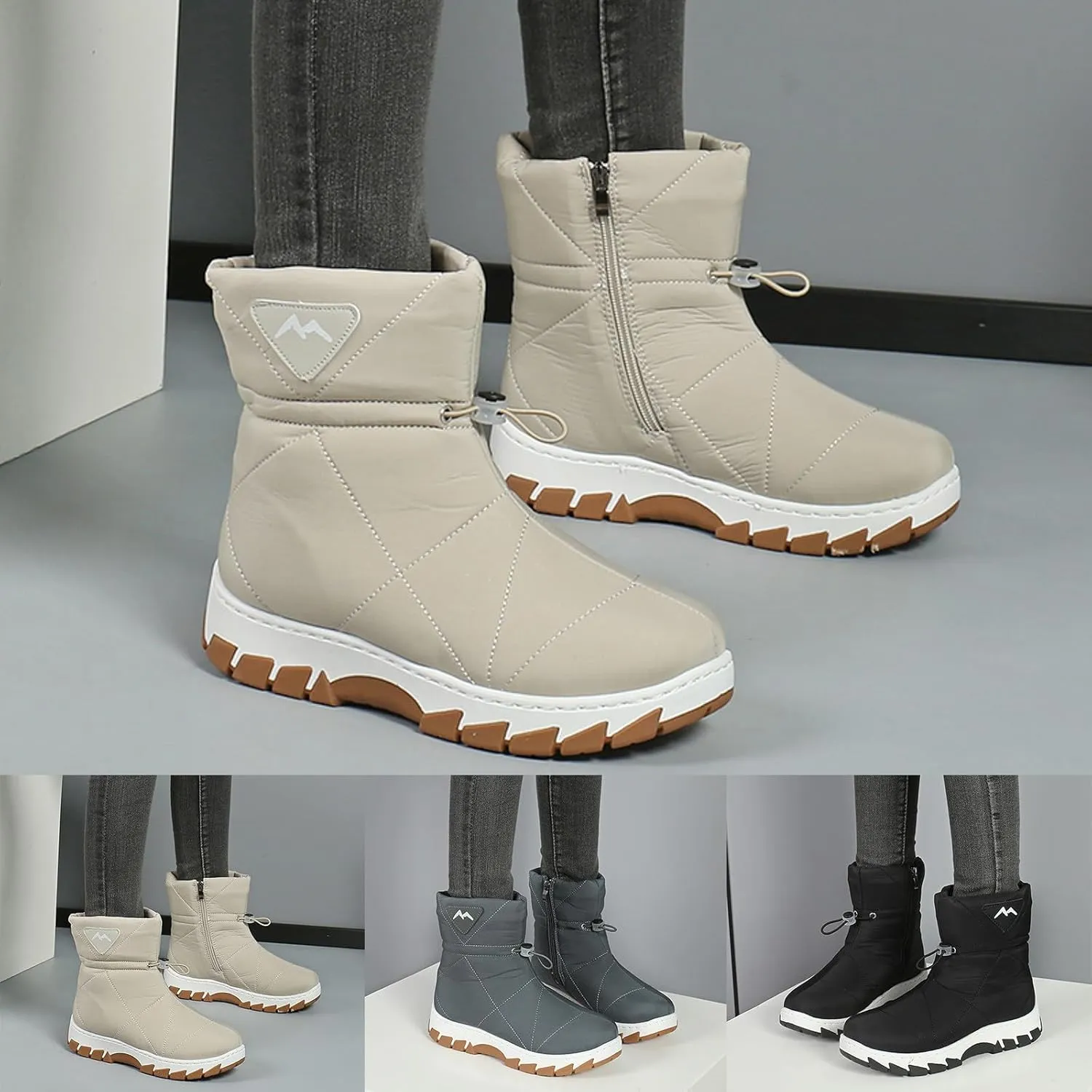 Womens Platform Snow Boots Memory Foam Side Zipper Pull On Nylon Waterproof Thick Faux Fur Lined Winter Rain Snow Boots Lightweight Warm Fashion Mid Calf Boot with Adjustable Drawstring