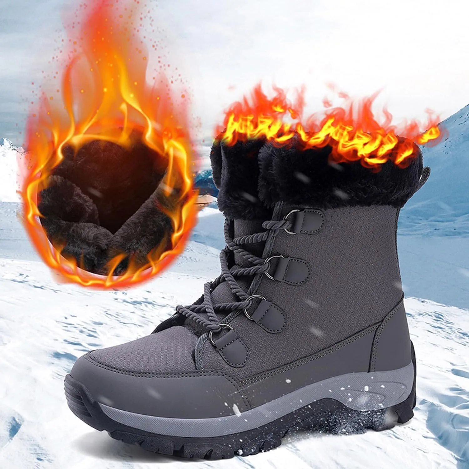 Women's Plush Thick Bottom Snow Boots Water Proof Insulated Winter Boots Fashion Lace Up Non Slip Boots Suede Leather