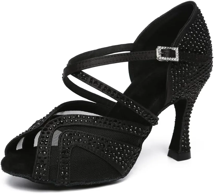 Women's Rhinestone Latin Dance Shoes Open Toe Ballroom Dance Heels Mesh Bachata Salsa Dancing Sandals,Model YC-L490