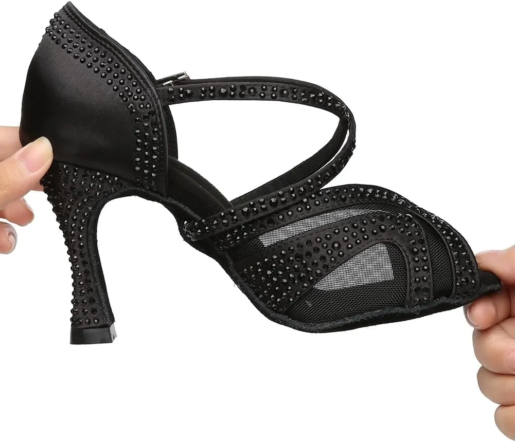 Women's Rhinestone Latin Dance Shoes Open Toe Ballroom Dance Heels Mesh Bachata Salsa Dancing Sandals,Model YC-L490