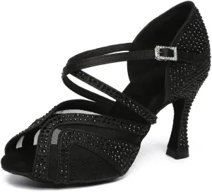 Women's Rhinestone Latin Dance Shoes Open Toe Ballroom Dance Heels Mesh Bachata Salsa Dancing Sandals,Model YC-L490