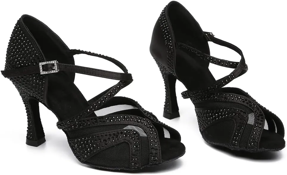 Women's Rhinestone Latin Dance Shoes Open Toe Ballroom Dance Heels Mesh Bachata Salsa Dancing Sandals,Model YC-L490
