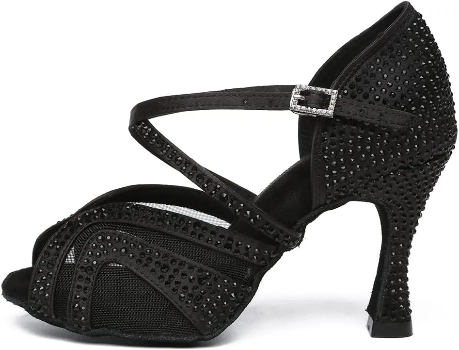 Women's Rhinestone Latin Dance Shoes Open Toe Ballroom Dance Heels Mesh Bachata Salsa Dancing Sandals,Model YC-L490