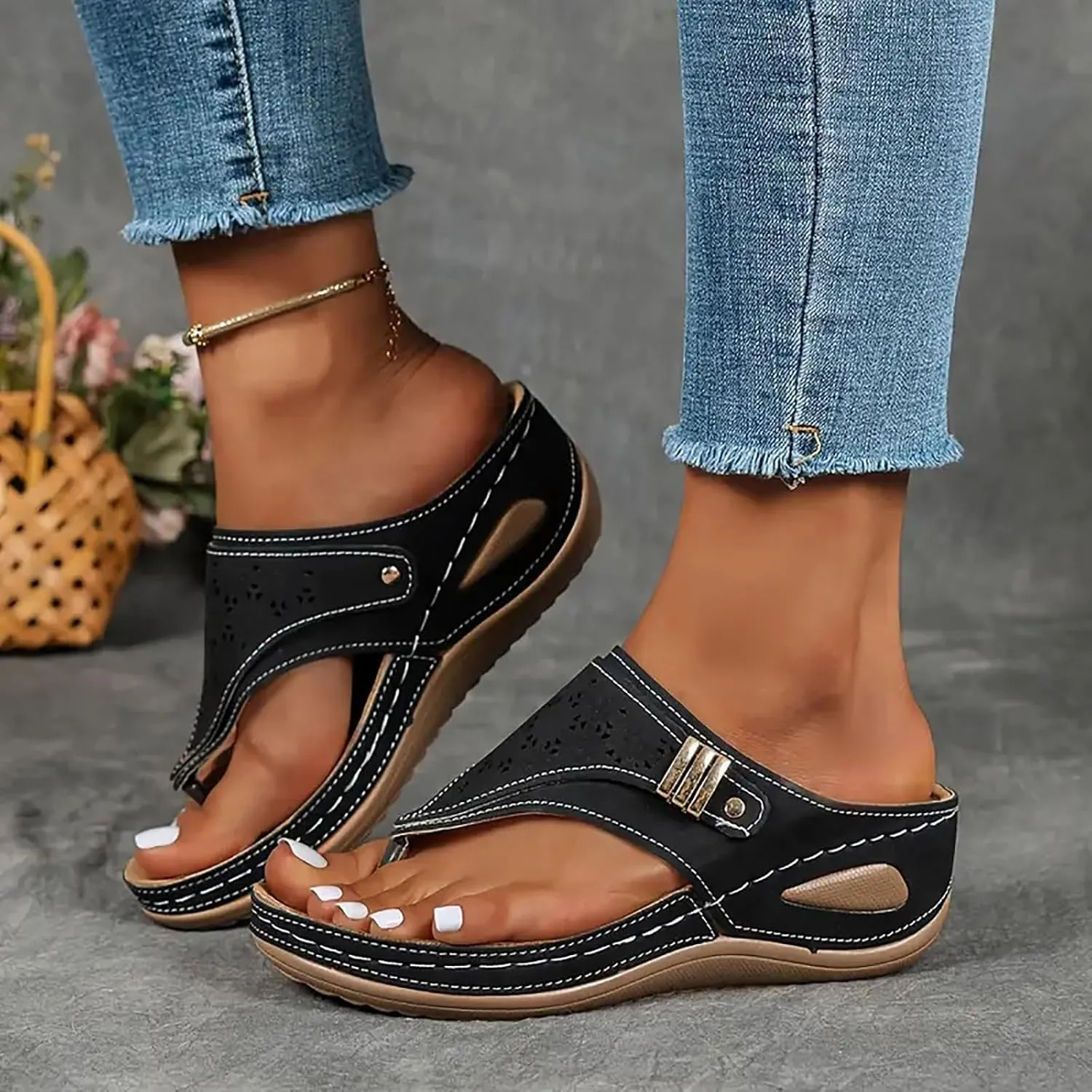 Womens Sandals Comfortable Dressy Wedge Arch Support Orthopedic Flip Flop Summer Vacation Beach Sandals Walking Shoes