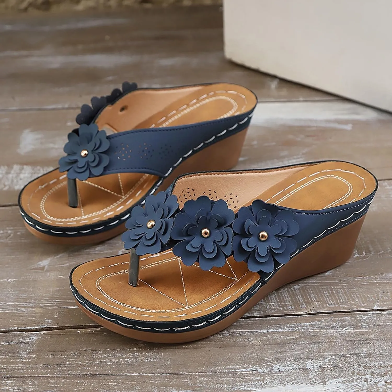 Womens Sandals Platform Wedge Comfortable Dressy Casual Summer Beach Walking Slides Wedge Flip-Flops Adjustable Hook Loop Flop Shoes Flip Flops Flower Cushion Non-Slip Solid Color Open-Toe