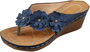 Womens Sandals Platform Wedge Comfortable Dressy Casual Summer Beach Walking Slides Wedge Flip-Flops Adjustable Hook Loop Flop Shoes Flip Flops Flower Cushion Non-Slip Solid Color Open-Toe