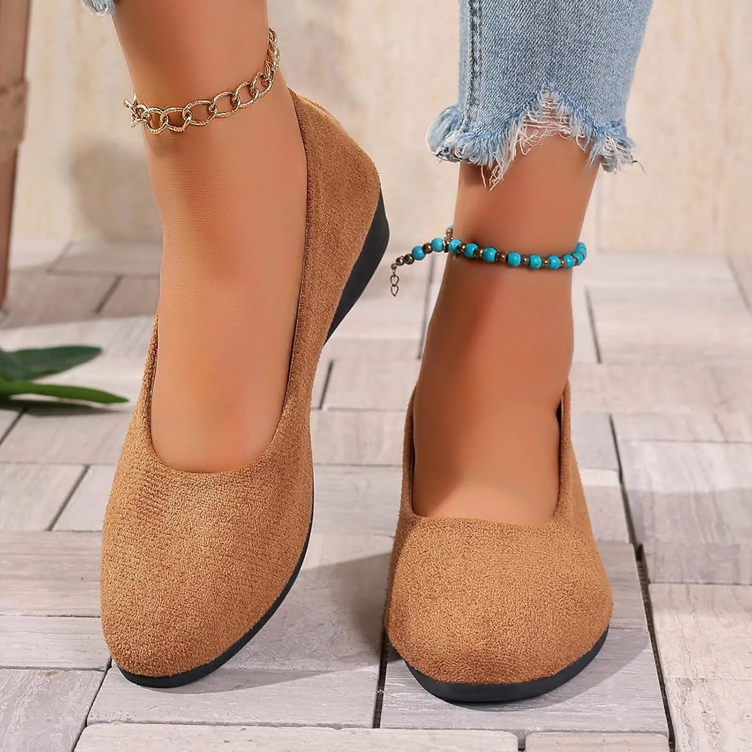 Women's Shoes Faux Suede Round Toe Ballet Dressy Comfortable Slip On Walking Shoes Lady Sandal Heel