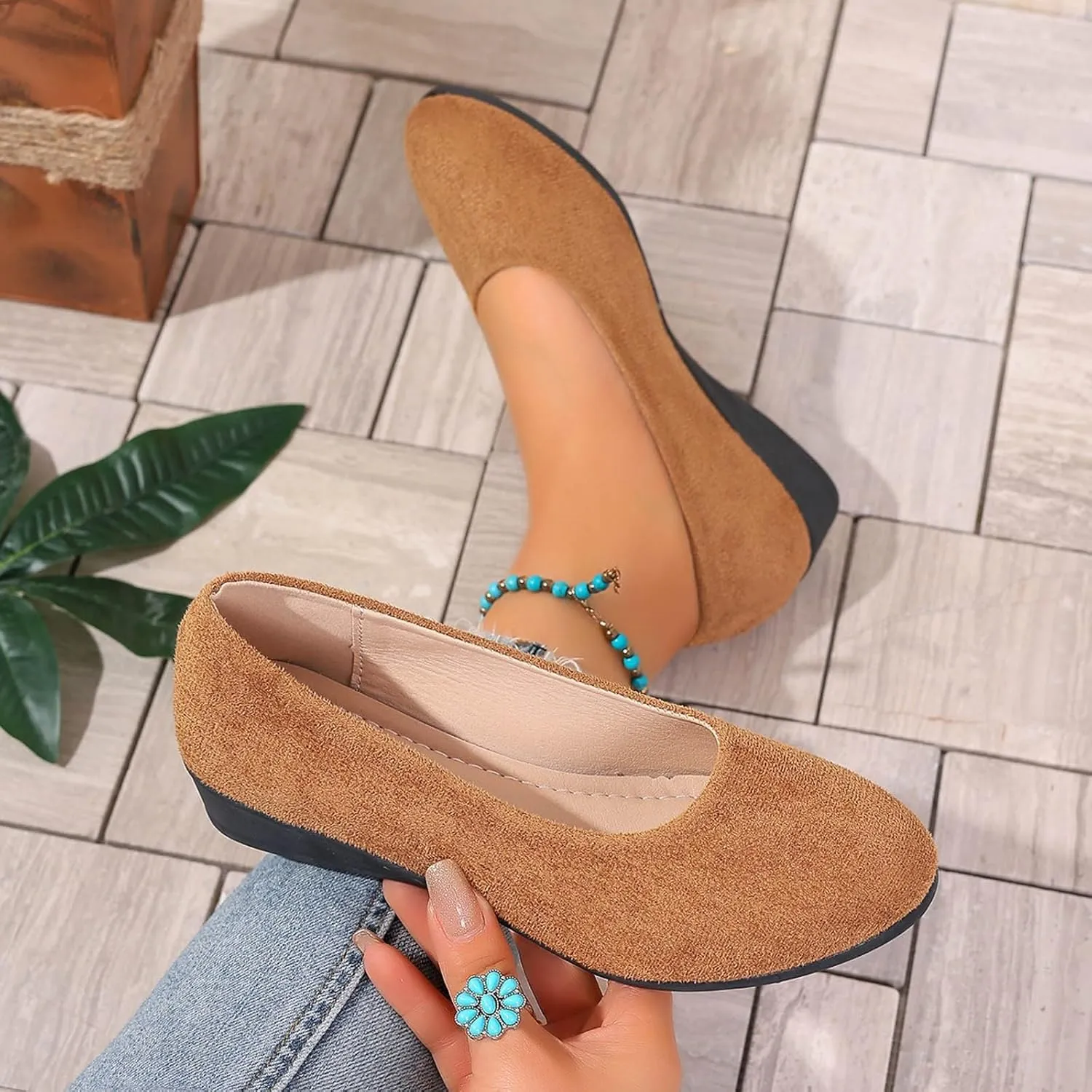 Women's Shoes Faux Suede Round Toe Ballet Dressy Comfortable Slip On Walking Shoes Lady Sandal Heel