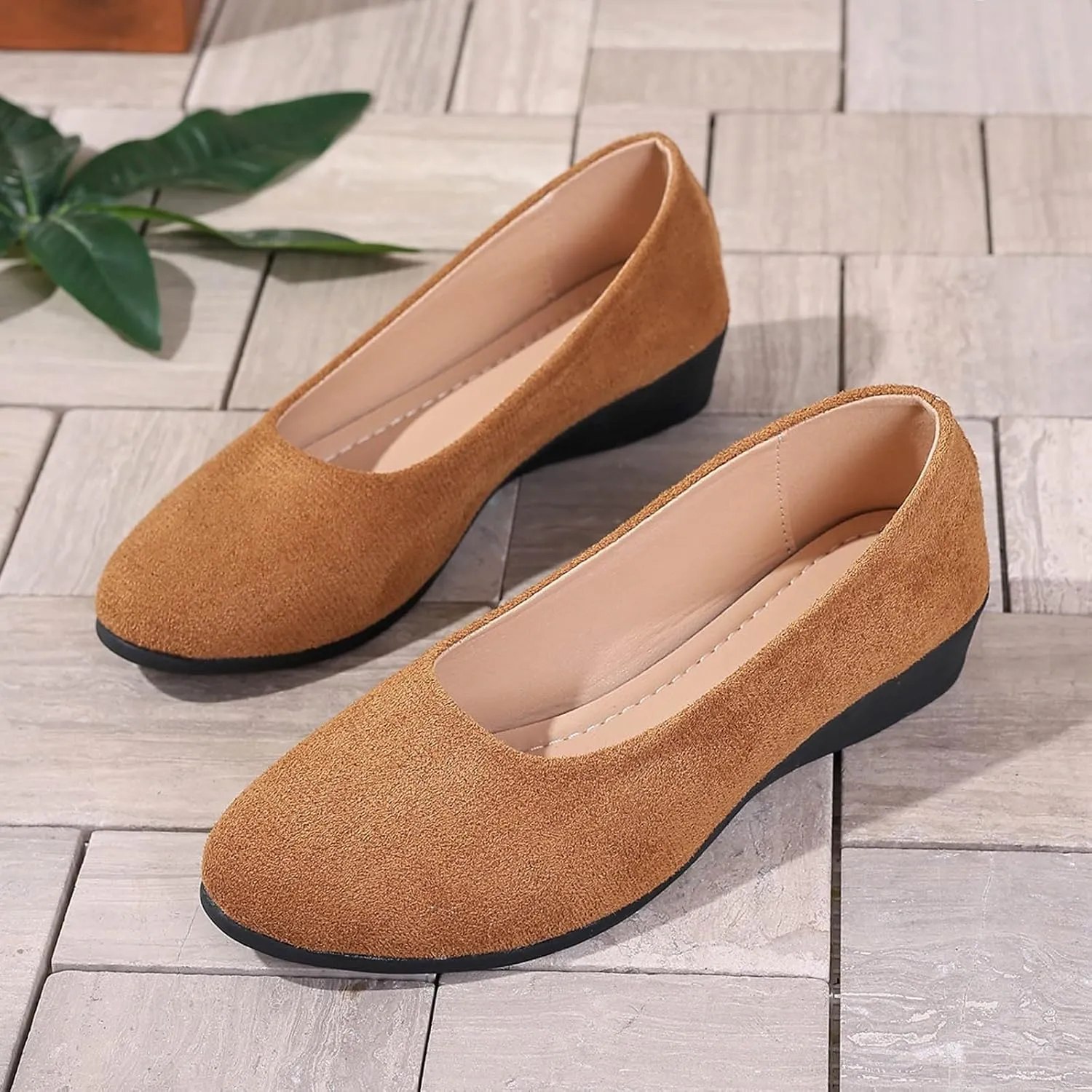 Women's Shoes Faux Suede Round Toe Ballet Dressy Comfortable Slip On Walking Shoes Lady Sandal Heel