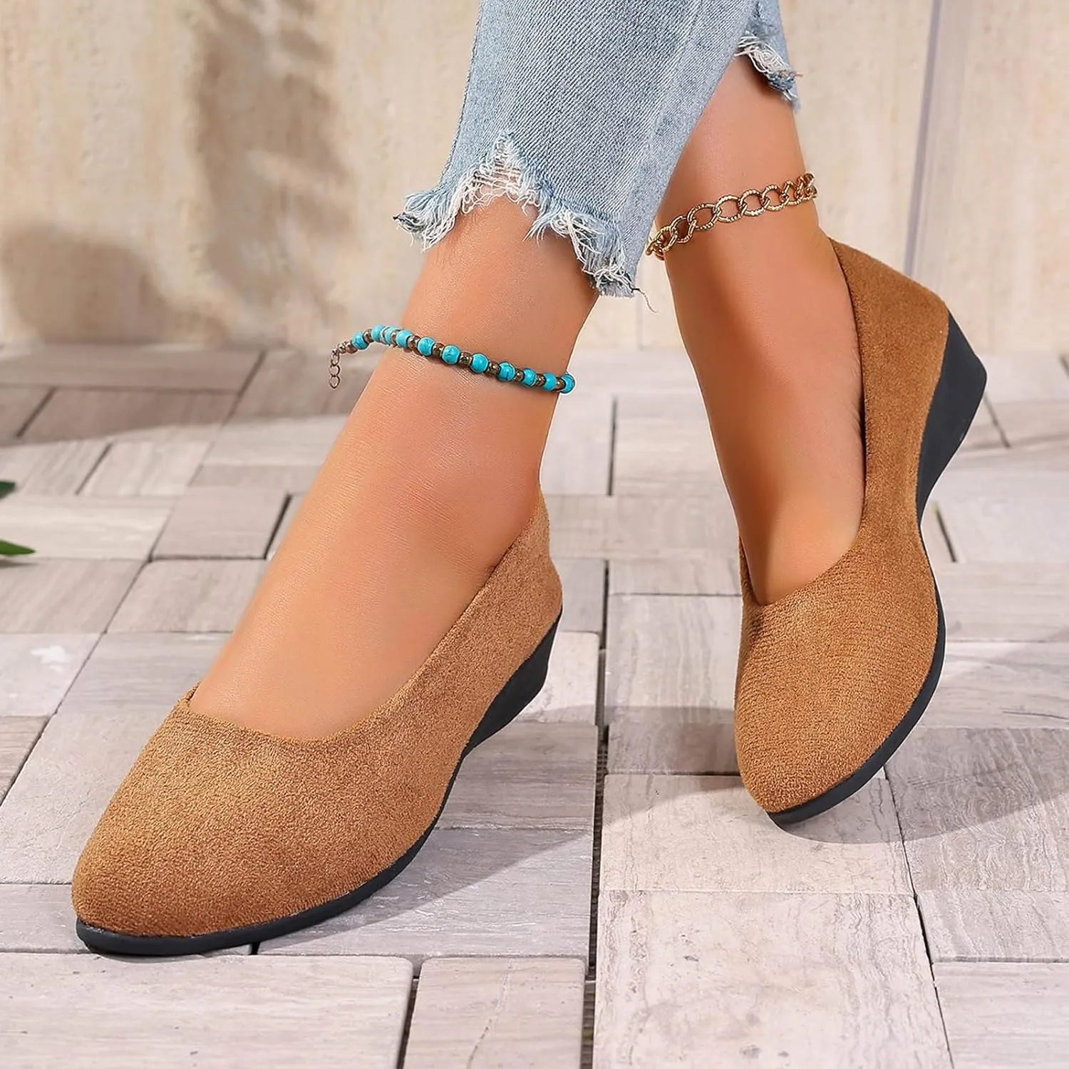 Women's Shoes Faux Suede Round Toe Ballet Dressy Comfortable Slip On Walking Shoes Lady Sandal Heel