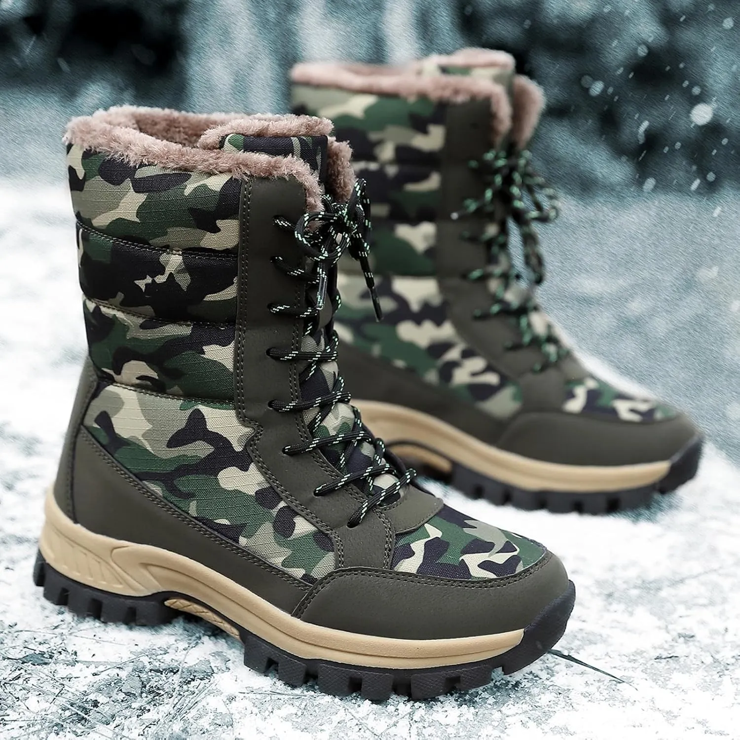 Women's Snow Boots Anti-Slip Waterproof Outdoor Shoes Winter Snow Boots Warm Fur Lined Comfortable Shoes for Women Walking Hiking Tennis Booties Lace Up Mid Calf Platform Boots Arch Support