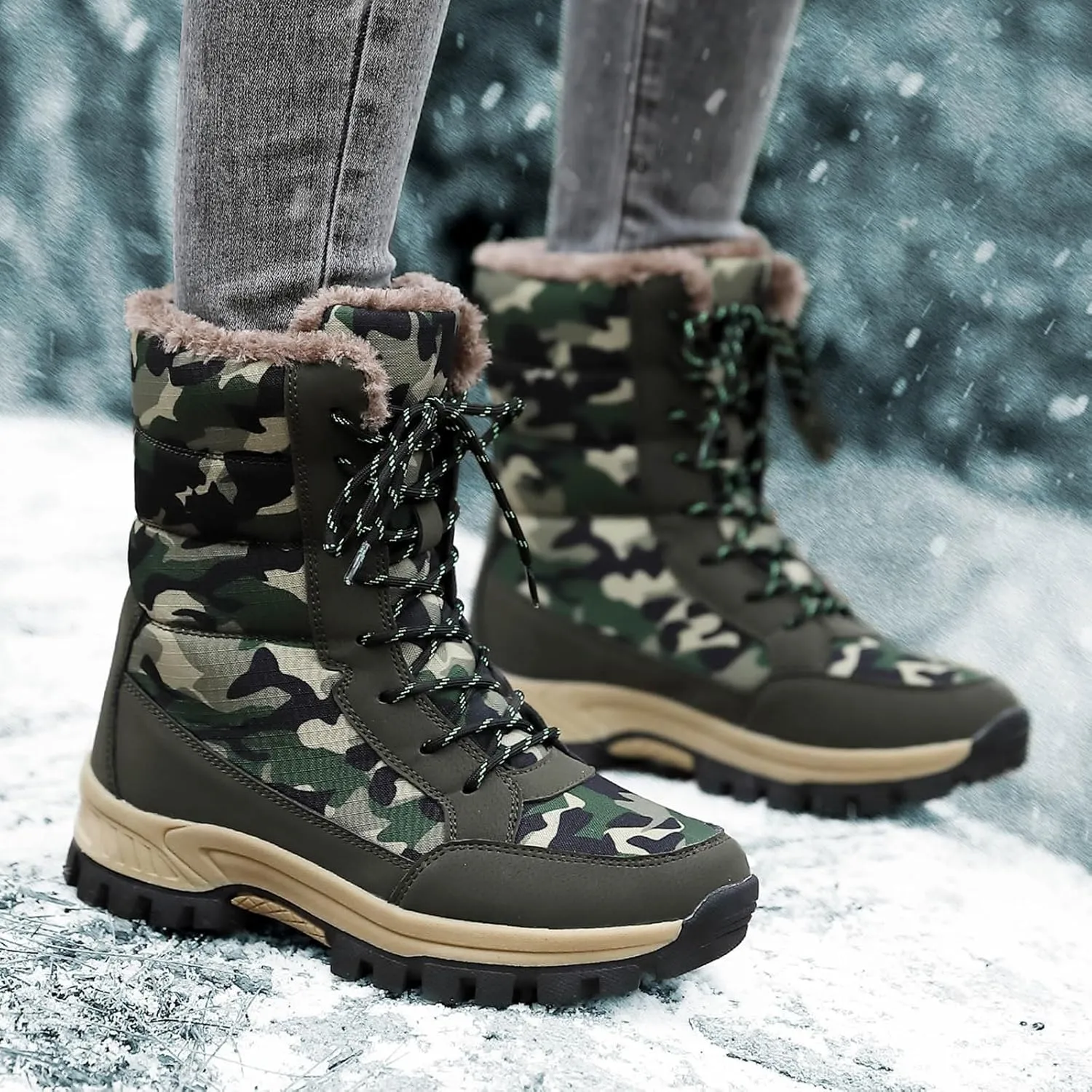 Women's Snow Boots Anti-Slip Waterproof Outdoor Shoes Winter Snow Boots Warm Fur Lined Comfortable Shoes for Women Walking Hiking Tennis Booties Lace Up Mid Calf Platform Boots Arch Support