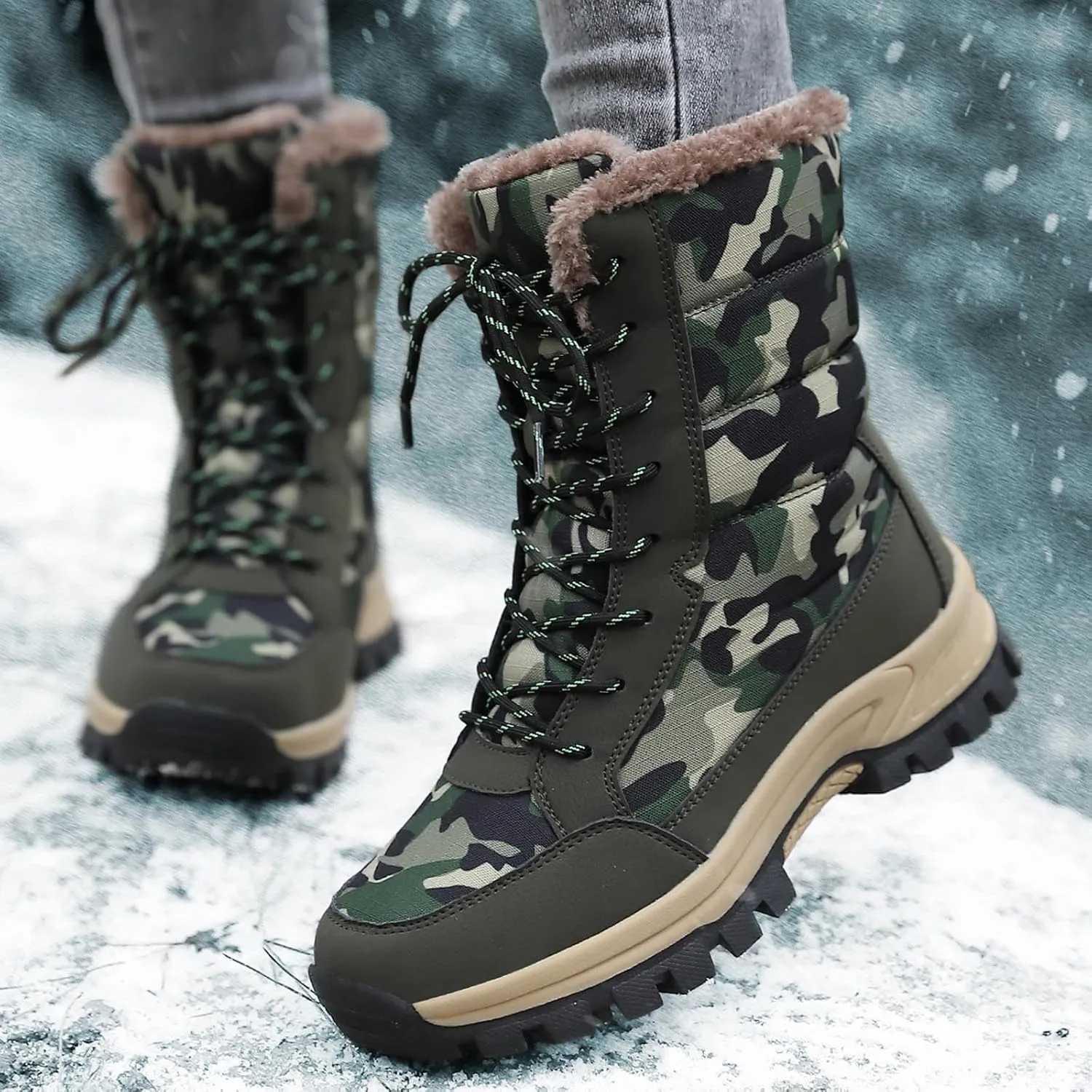 Women's Snow Boots Anti-Slip Waterproof Outdoor Shoes Winter Snow Boots Warm Fur Lined Comfortable Shoes for Women Walking Hiking Tennis Booties Lace Up Mid Calf Platform Boots Arch Support