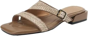 Women's Strappy Square Toe Sandals Slip-On Summer Straw Woven Slide Sandals Linen Soft Sole Slippers For Beach & Home