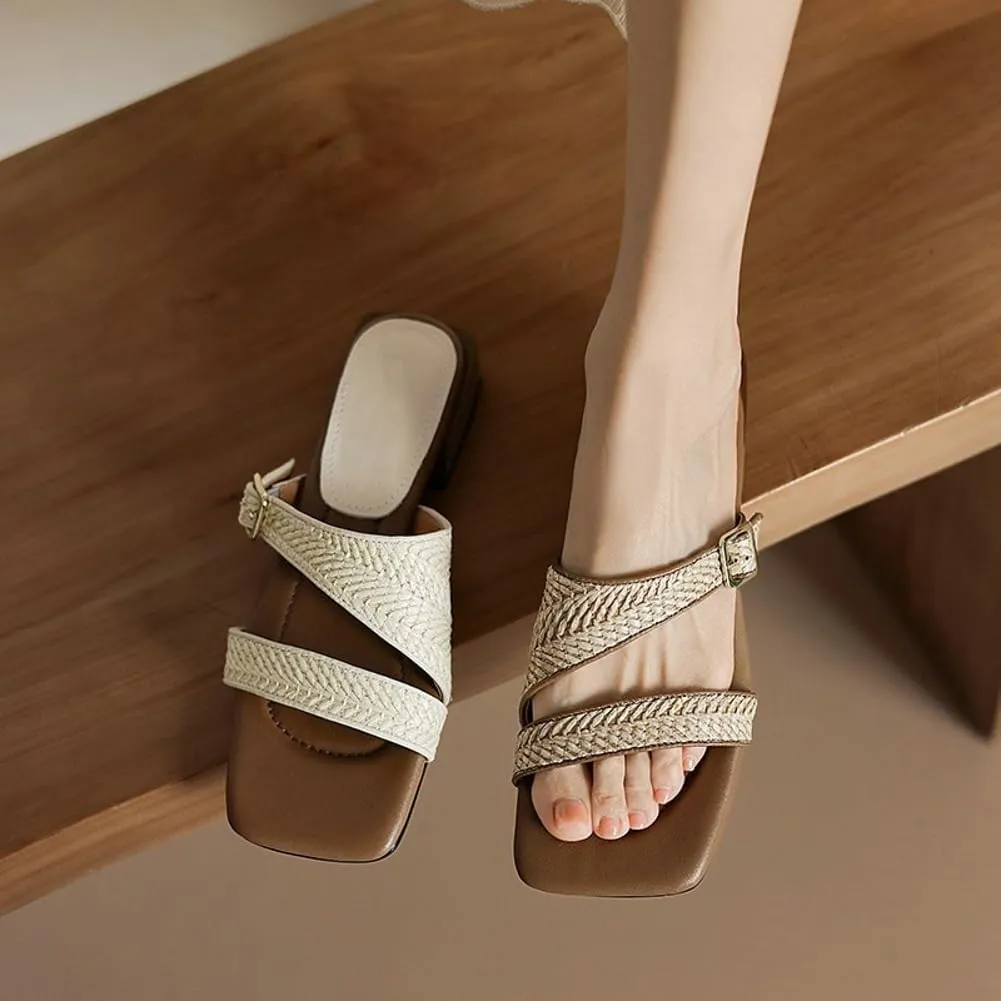 Women's Strappy Square Toe Sandals Slip-On Summer Straw Woven Slide Sandals Linen Soft Sole Slippers For Beach & Home